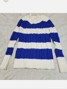 J. Crew White Blue Striped Cable Knit Sweater Small Preppy Chunky‎ Cozy Cotton